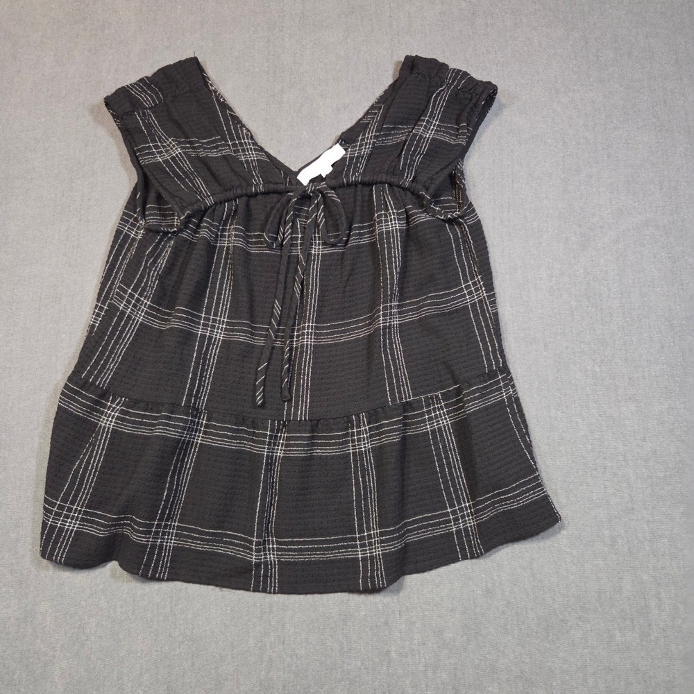 Loft Babydoll Top Womens Medium Black Plaid Tiered Sleeveless V-Neck Blouse
